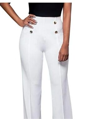 High-Waist White Wide-Leg Pants with Gold Buttons
